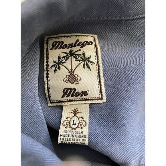Montego Blue Silk Embroidered Button Up Camp Shirt Large Pocket Island Paradise - Picture 8 of 10